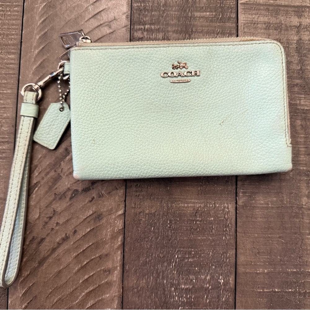 Coach Seafoam Pebbled Leather Double Corner Zip Wristlet